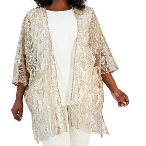 Anne Klein Womens Floral Sequin Sheer Cardigan Size S/M‎ White Latte Poly NWT - Picture 2 of 7